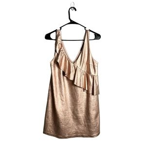 Zara Pink Metallic Champagne Faux Leather Ruffle V Neck Sleeveless Dress Size XS